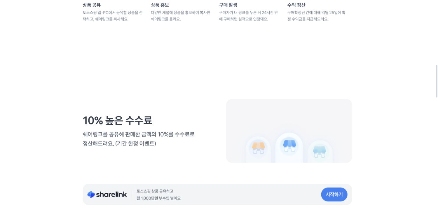 상품 공유, 홍보, 구매 발생, 수익 정산의 네 단계와 기간 한정 10퍼센트 안내
